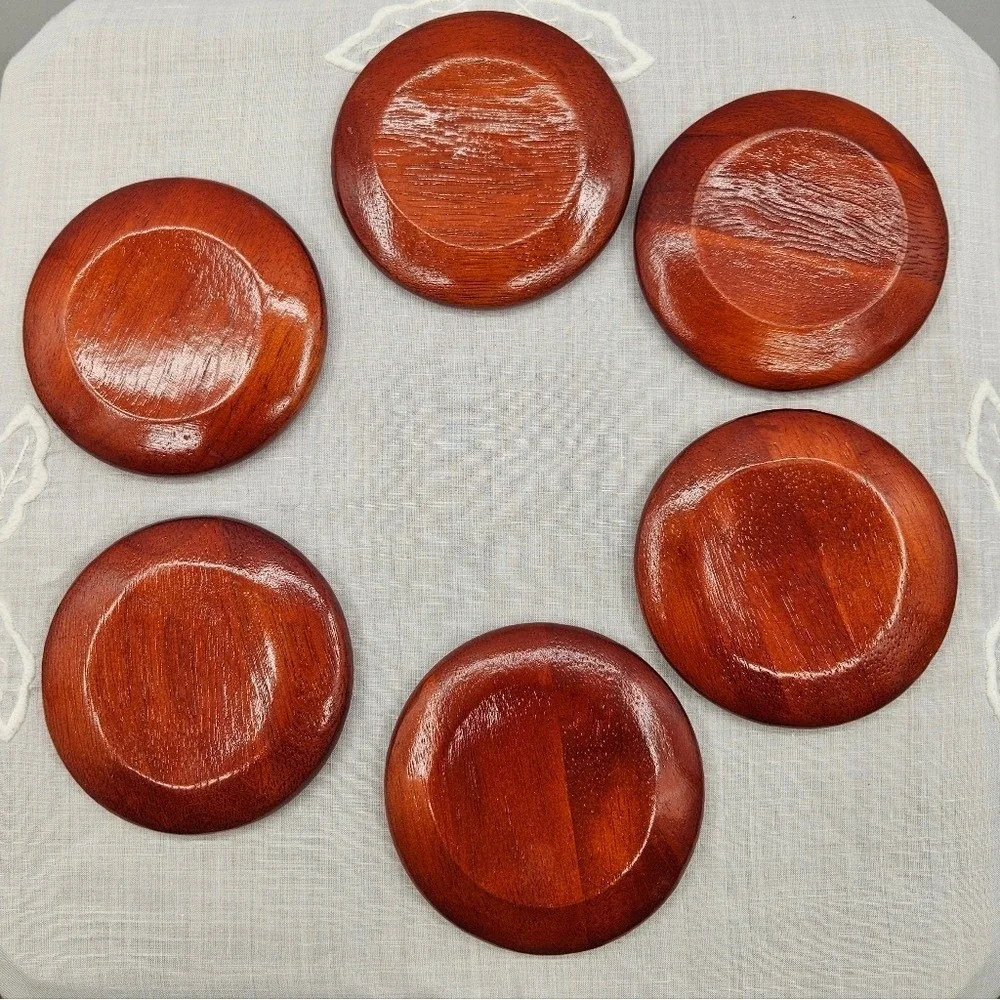 Kamenstein Wood‎ Coaster Set of 6 with Holder Red Brown Concentric Ring Design